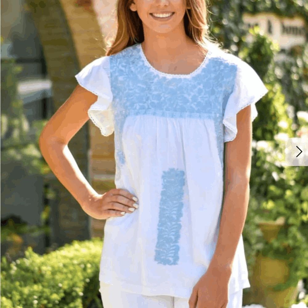 J. Marie White Blue Embroidered Short Flutter Sleeve Blouse Women's Size XS